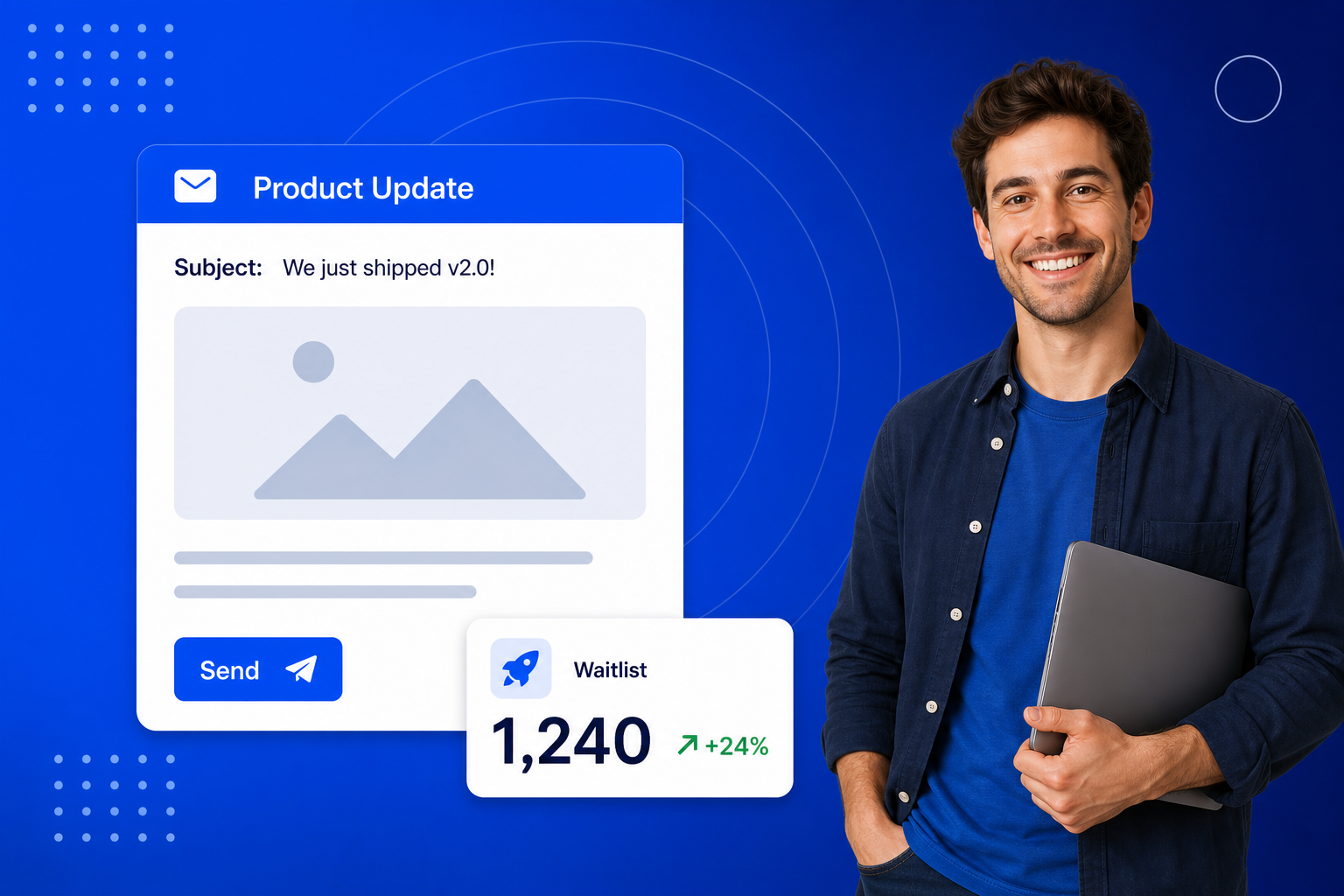 Email Marketing for Startups shown on a phone with a newsletter, an automated sequence and open-rate stats
