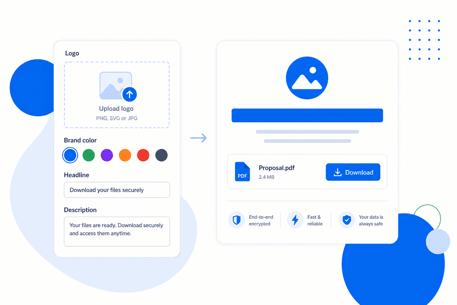 Branding controls for a FileTransfer download page: logo, colour and headline