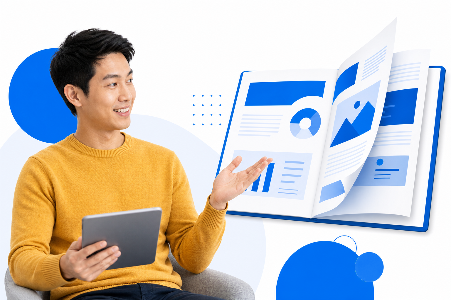 Professional reading an interactive flipbook on a tablet