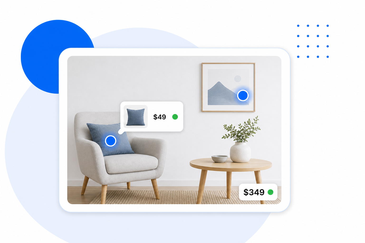 A photo with shoppable hotspots and product price tags linking out