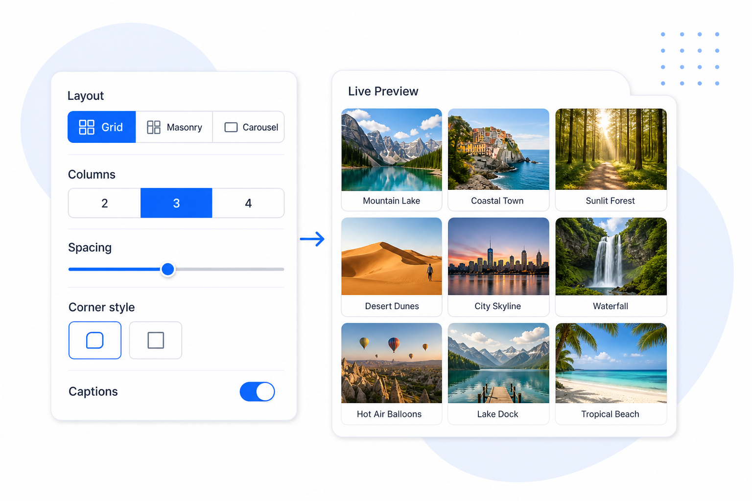 Adjusting a gallery's layout, columns, spacing, corners and captions with a live preview