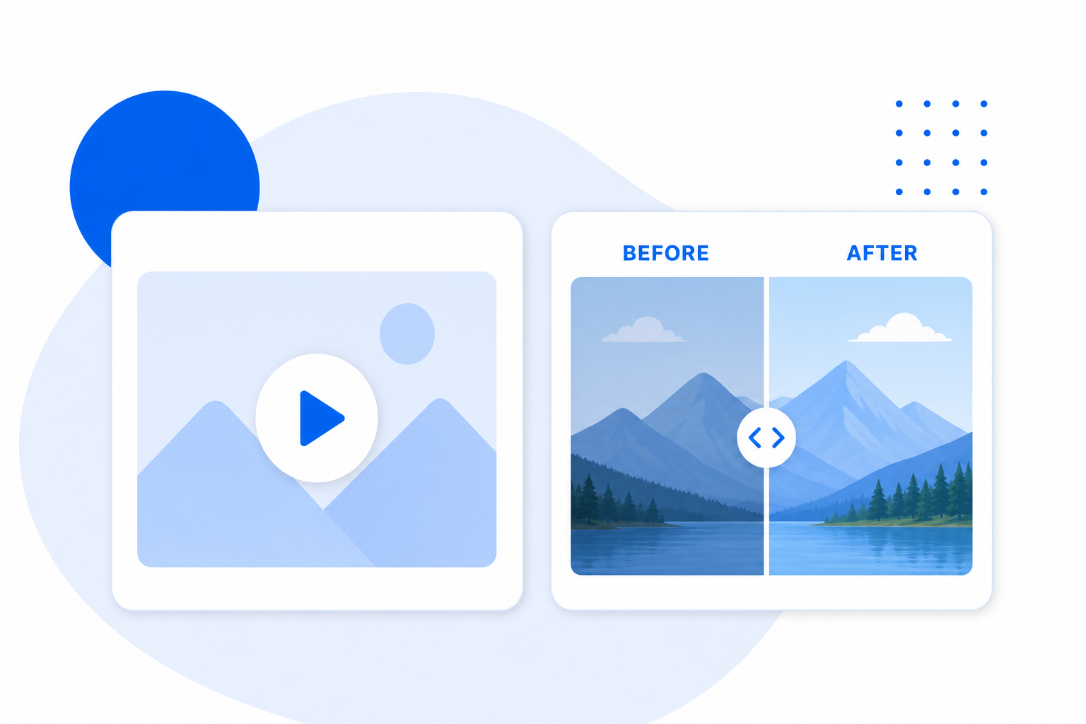 A gallery mixing a video tile and a draggable before and after slider