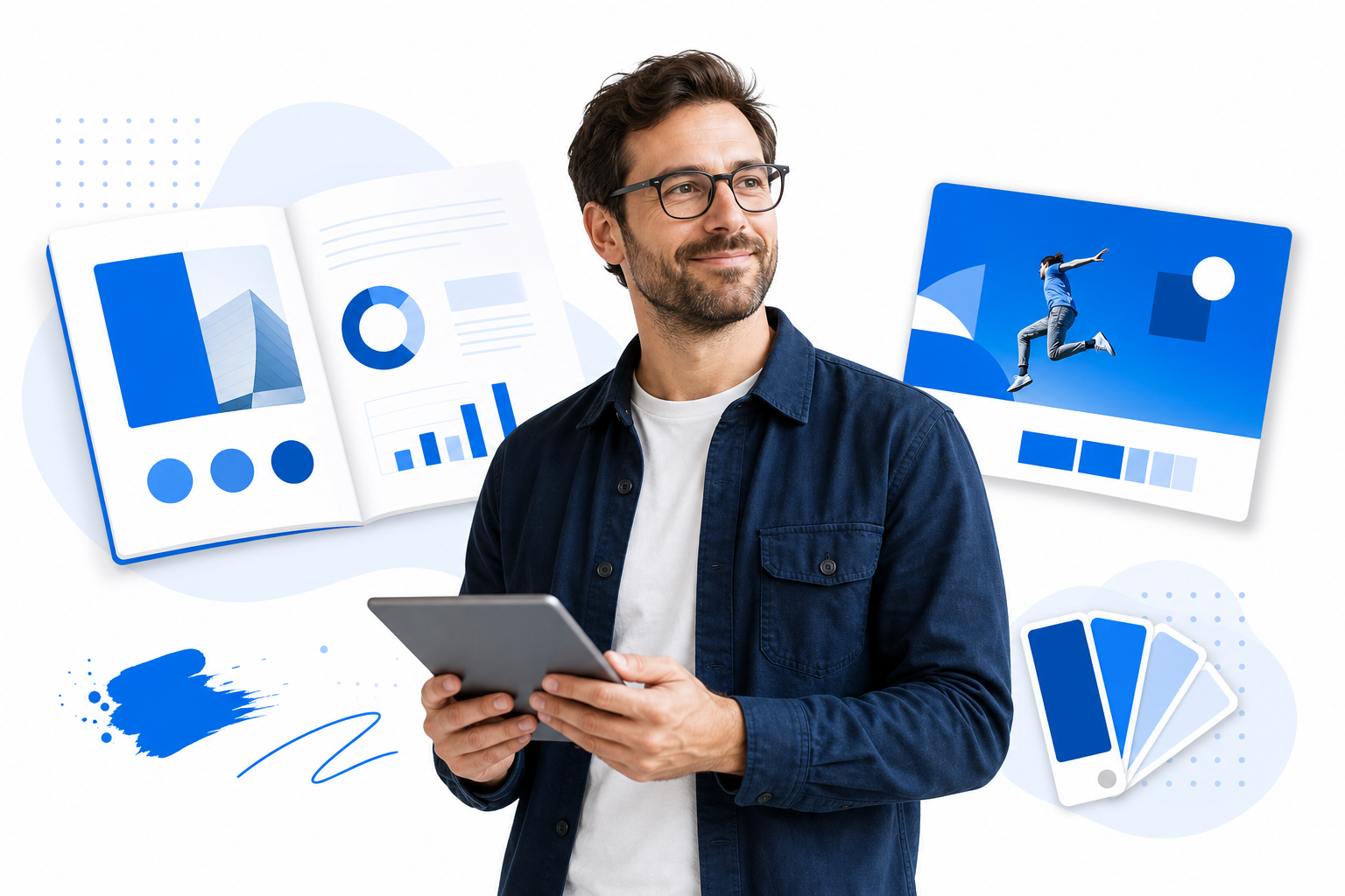 Agency professional holding a tablet beside a brand deck and campaign visuals