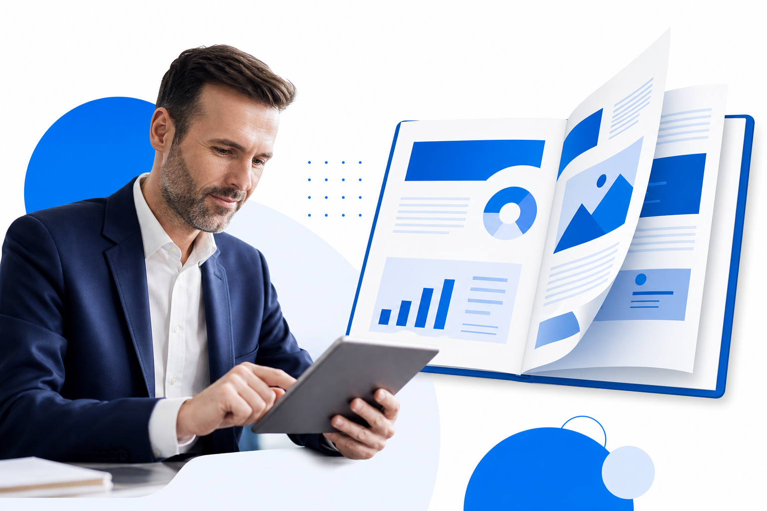 Businessman reviewing a digital whitepaper on a tablet
