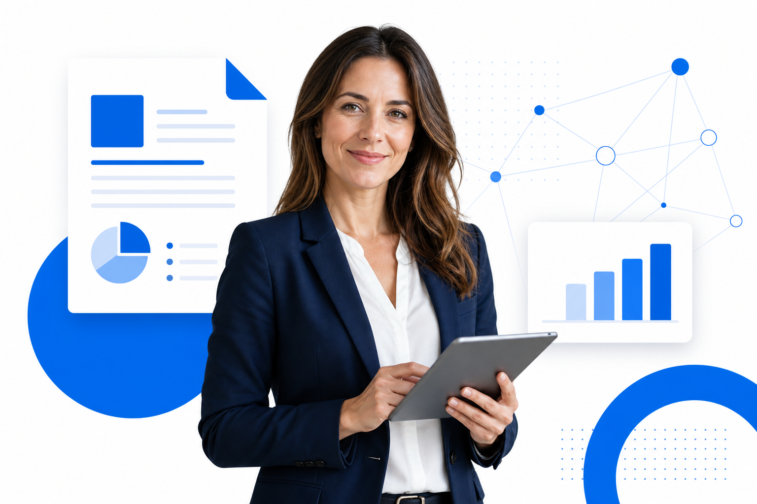 B2B professional holding a tablet beside a report and growth chart