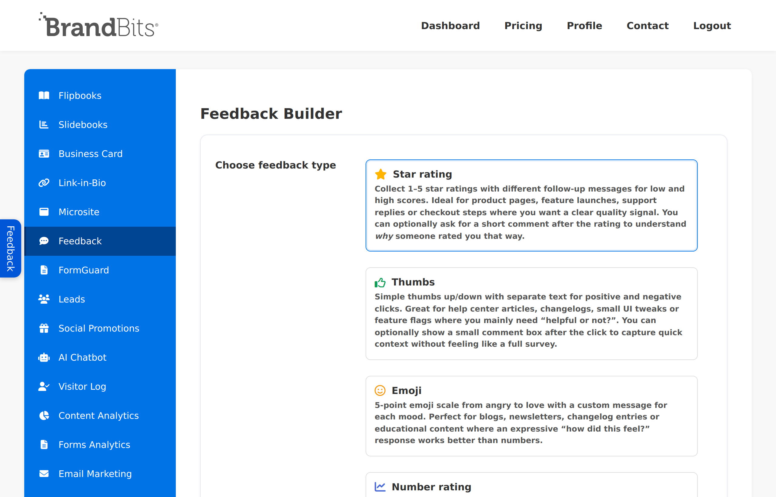 Feedback Builder showing the choice of Star rating, Thumbs, Emoji and NPS types
