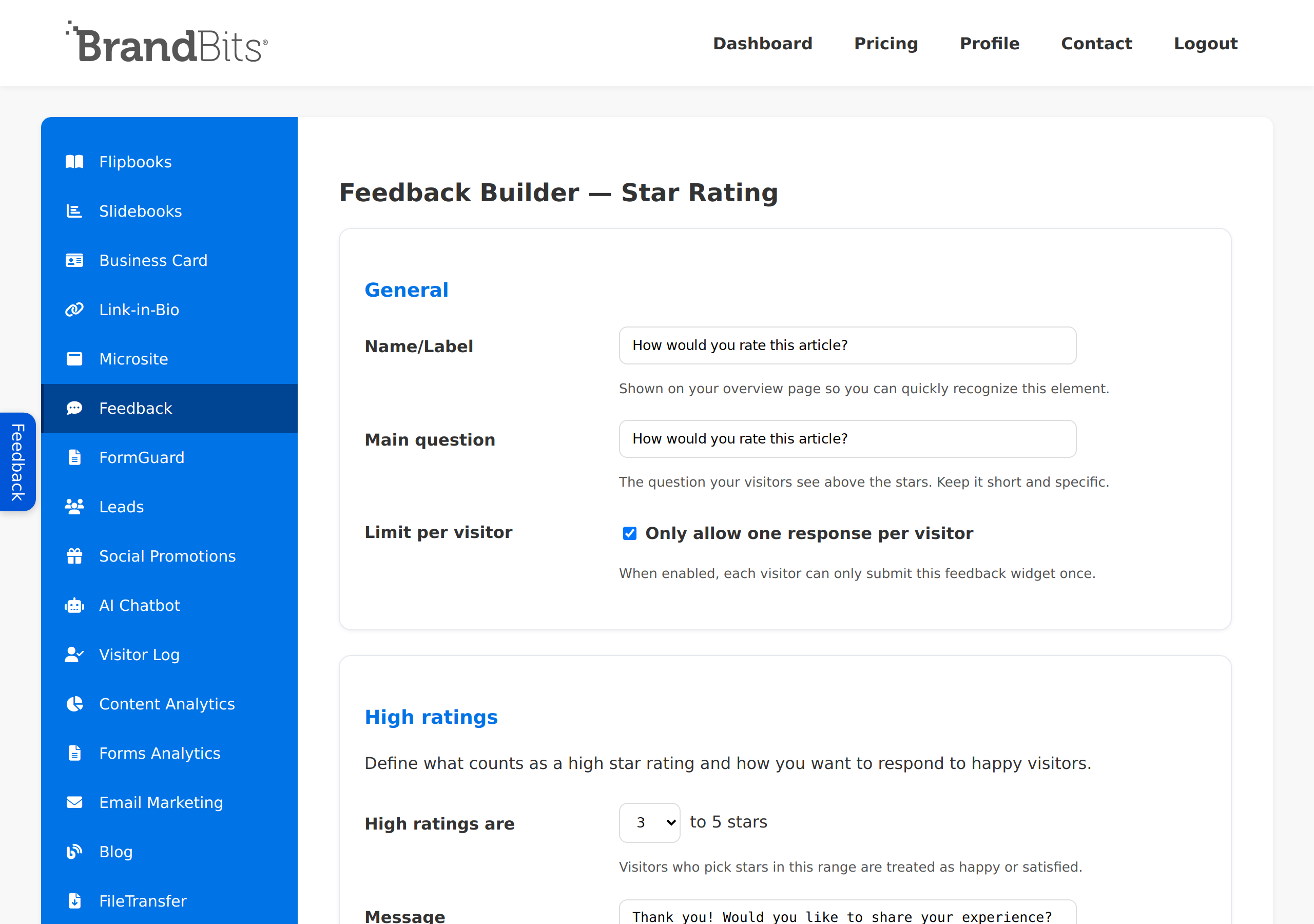 Feedback builder configuring the question and style with a live preview