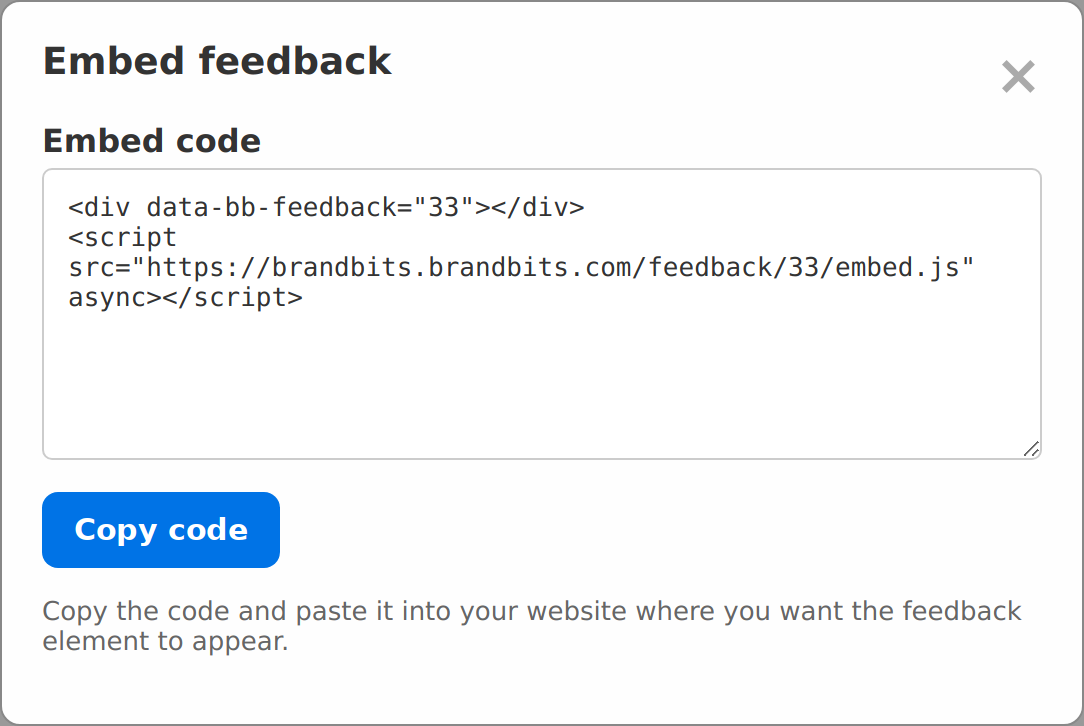 Feedback element with the embed code ready to copy and paste into a website