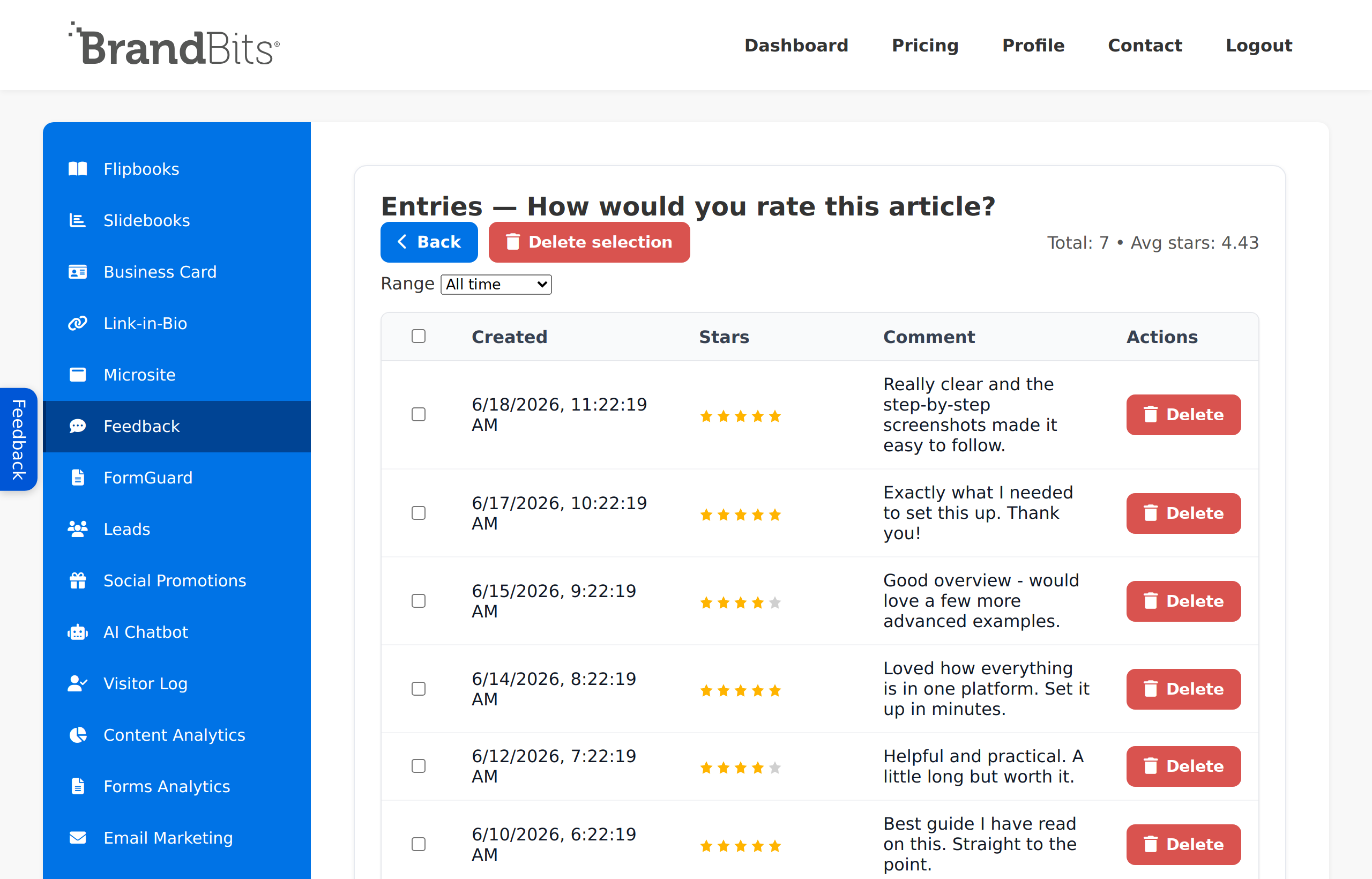 Feedback entries list showing individual customer responses