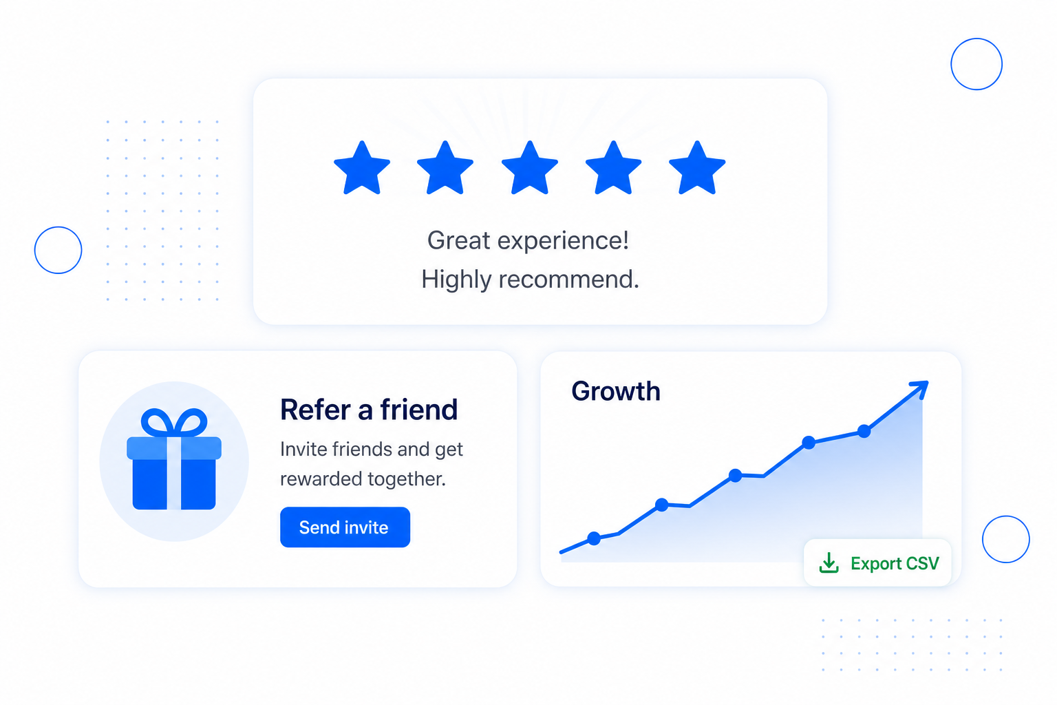 A five-star review, a referral card and an upward growth chart