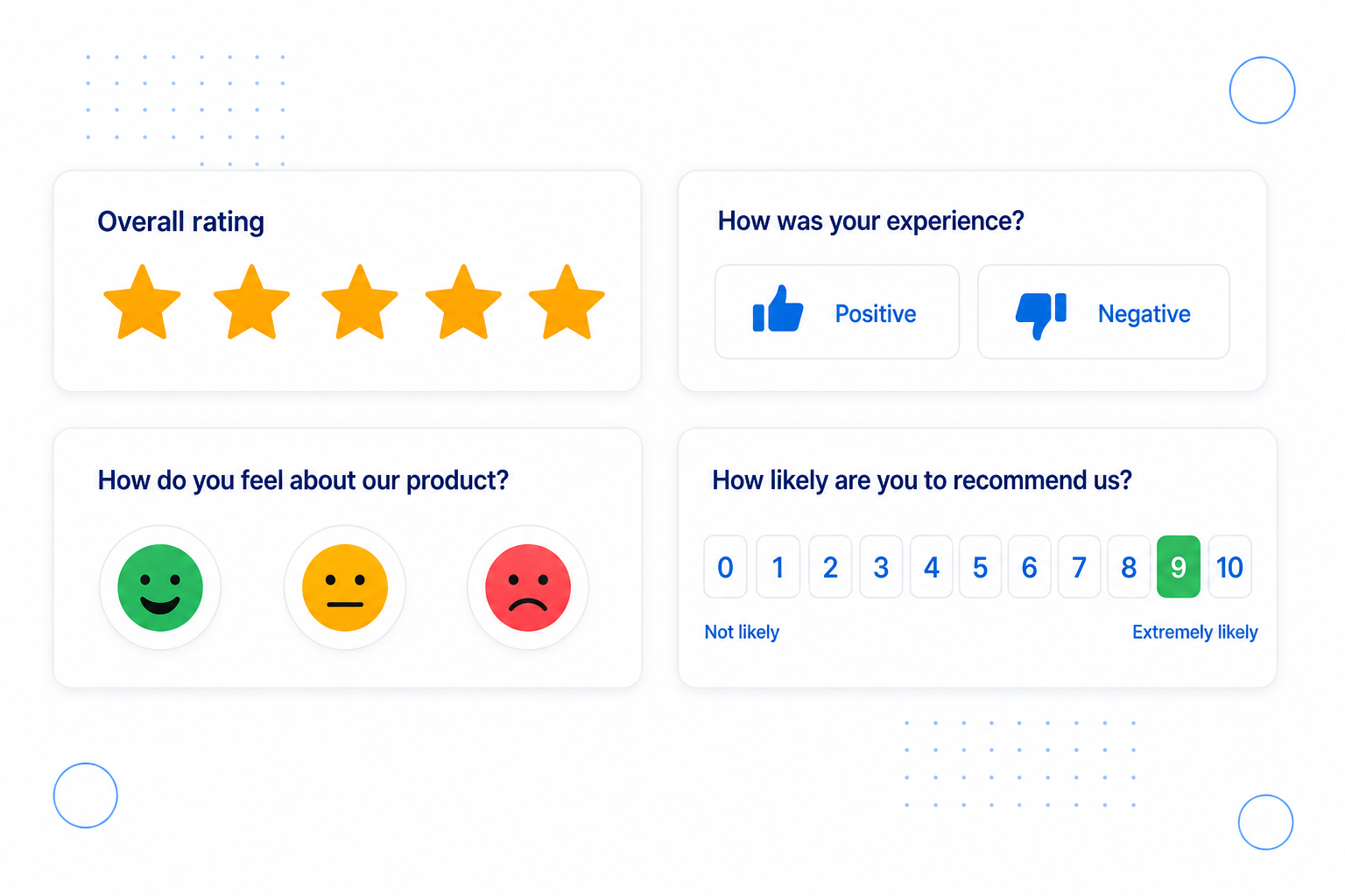 Feedback widgets - star rating, thumbs, emoji reactions and an NPS scale