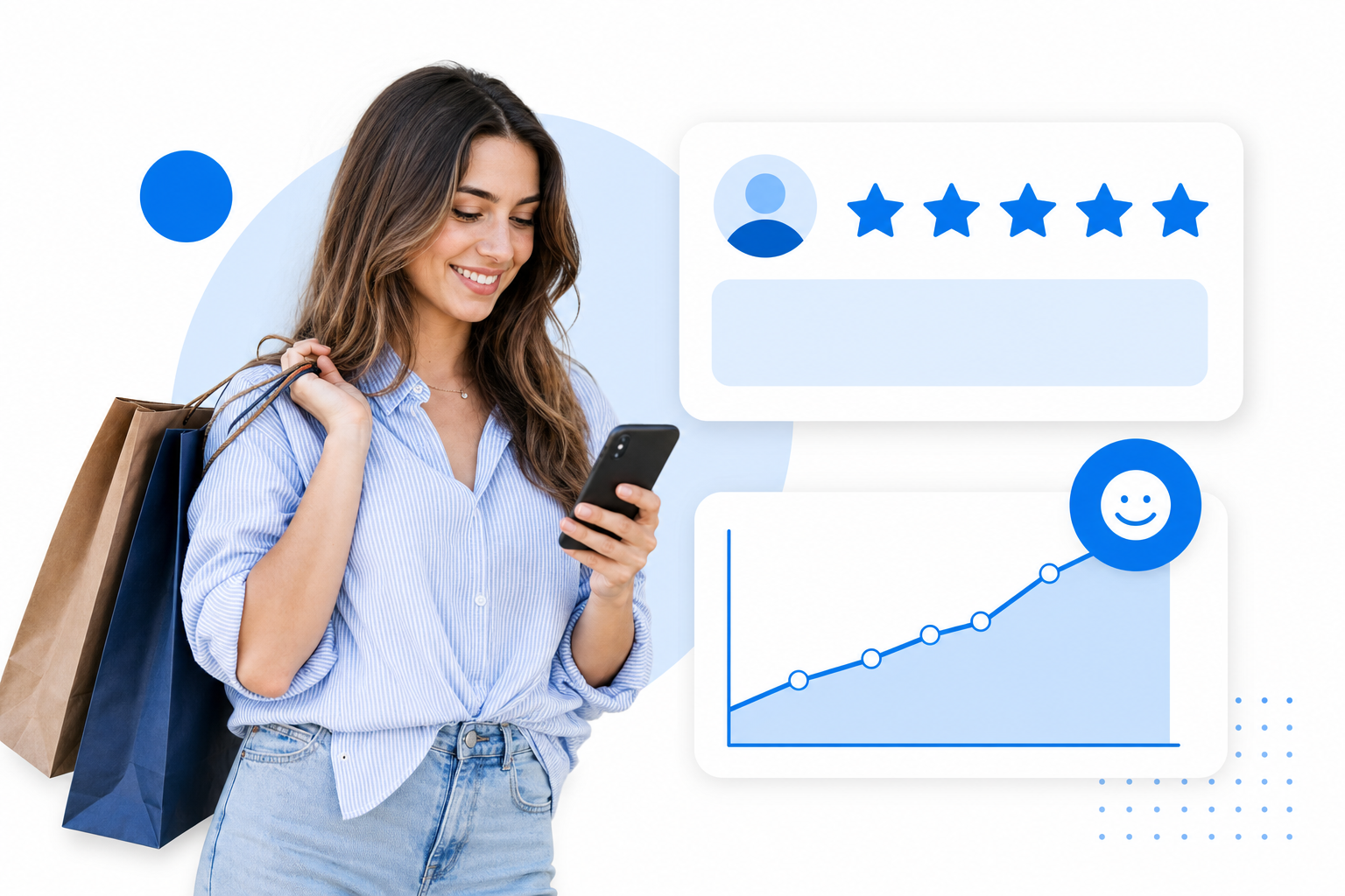Shopper beside a product review card and positive sentiment chart