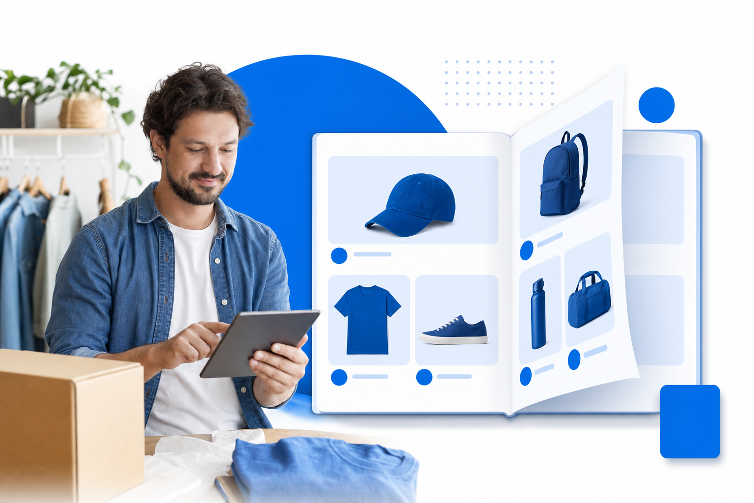 Online shop owner browsing a digital product catalog on a tablet