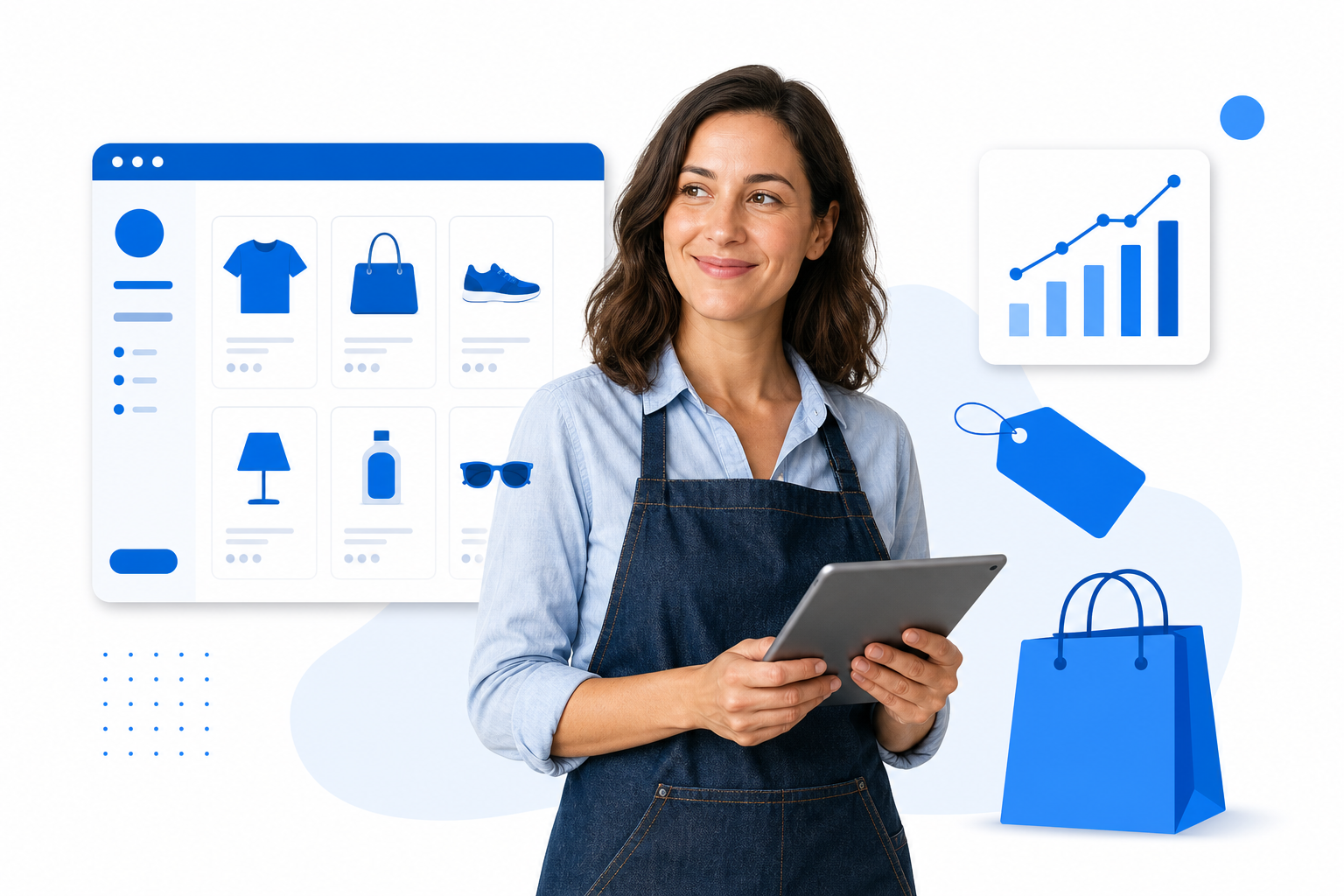 Online shop owner holding a tablet beside a product grid and sales chart