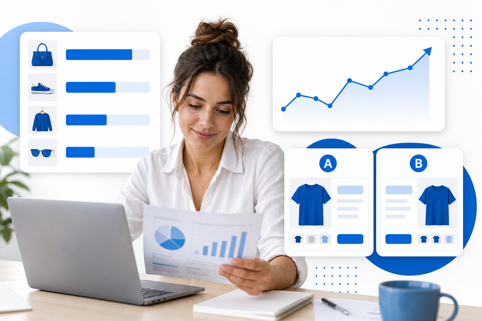 Per-product engagement statistics and an A/B test of product pages