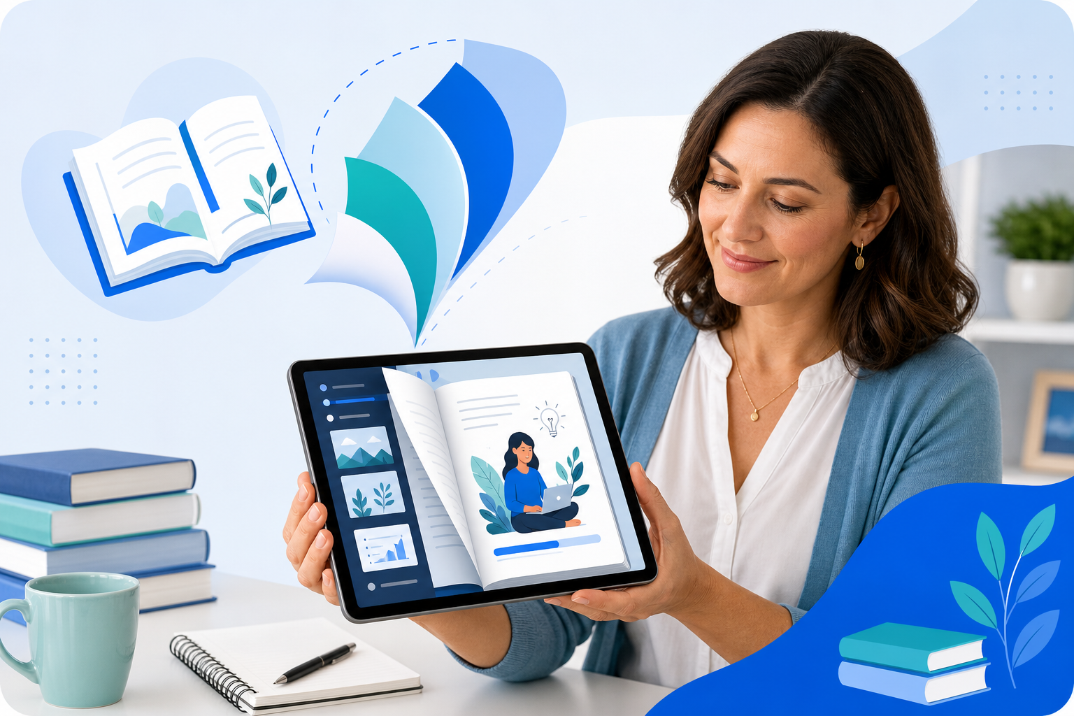 Educator viewing an interactive digital workbook on a tablet