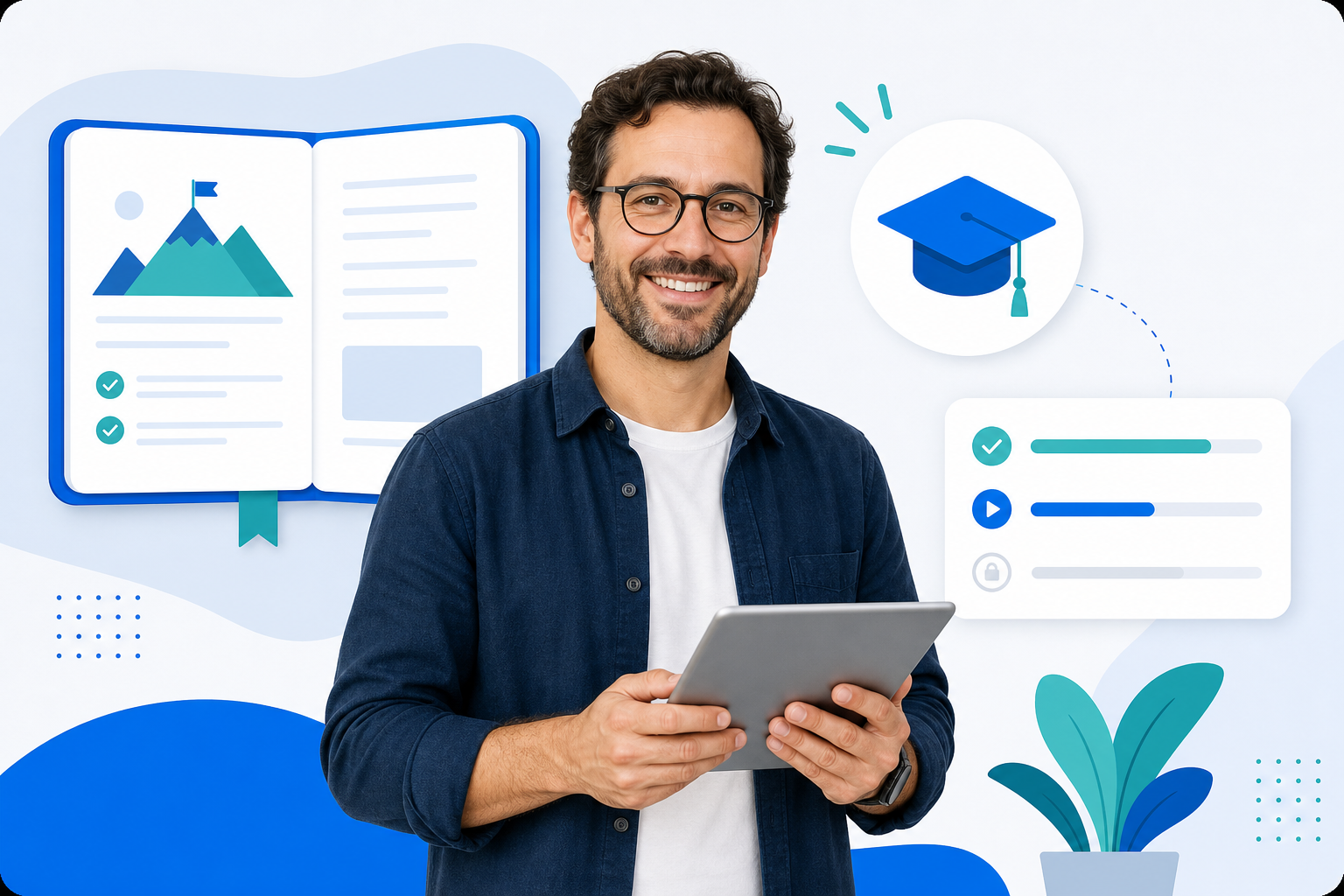 Educator holding a tablet beside a digital workbook and graduation cap