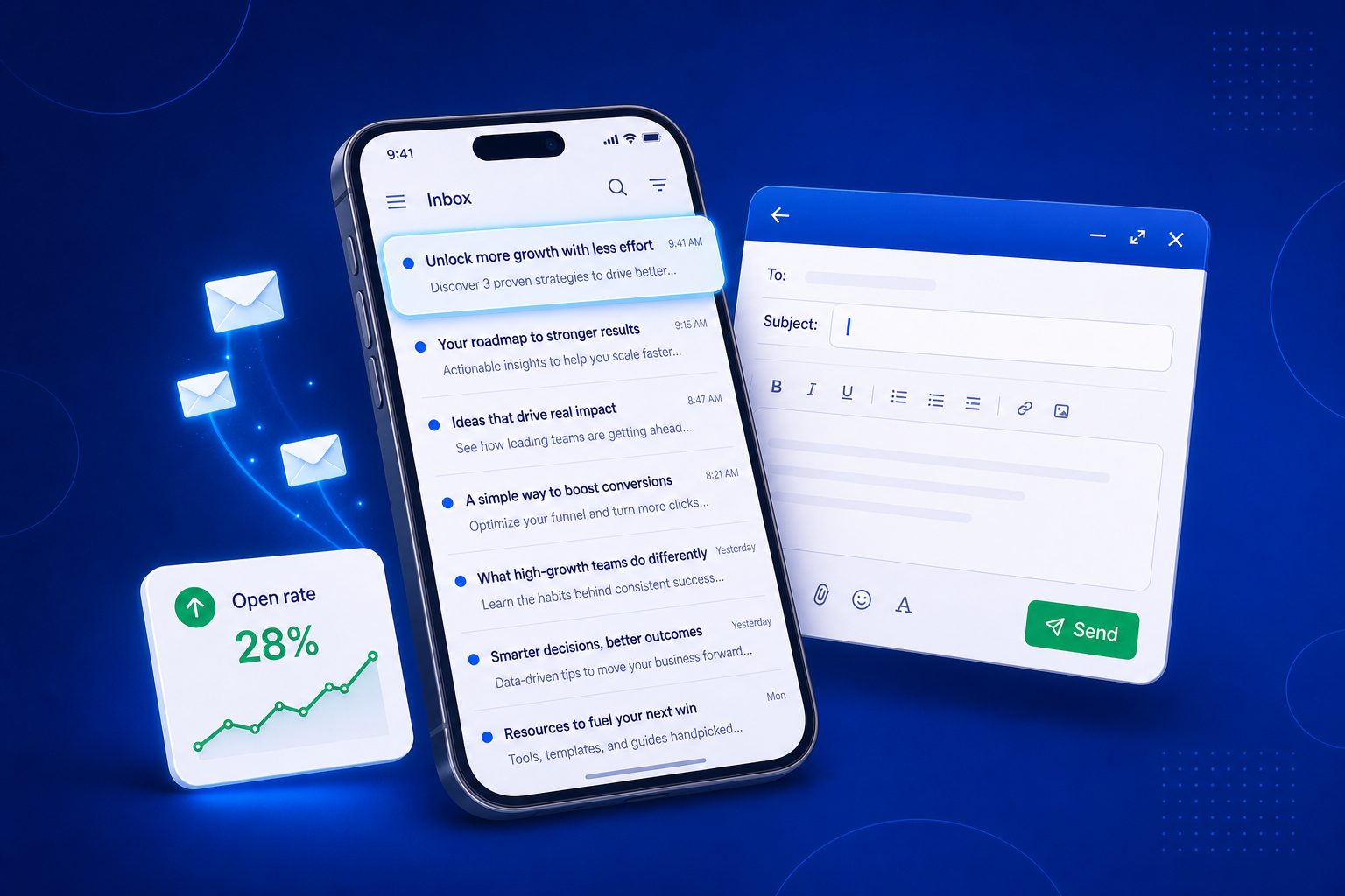 A phone inbox showing high-performing email subject lines