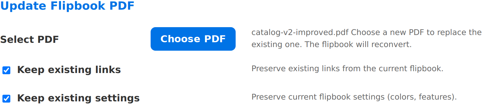 Update Flipbook PDF section in flipbook settings with Keep existing settings option