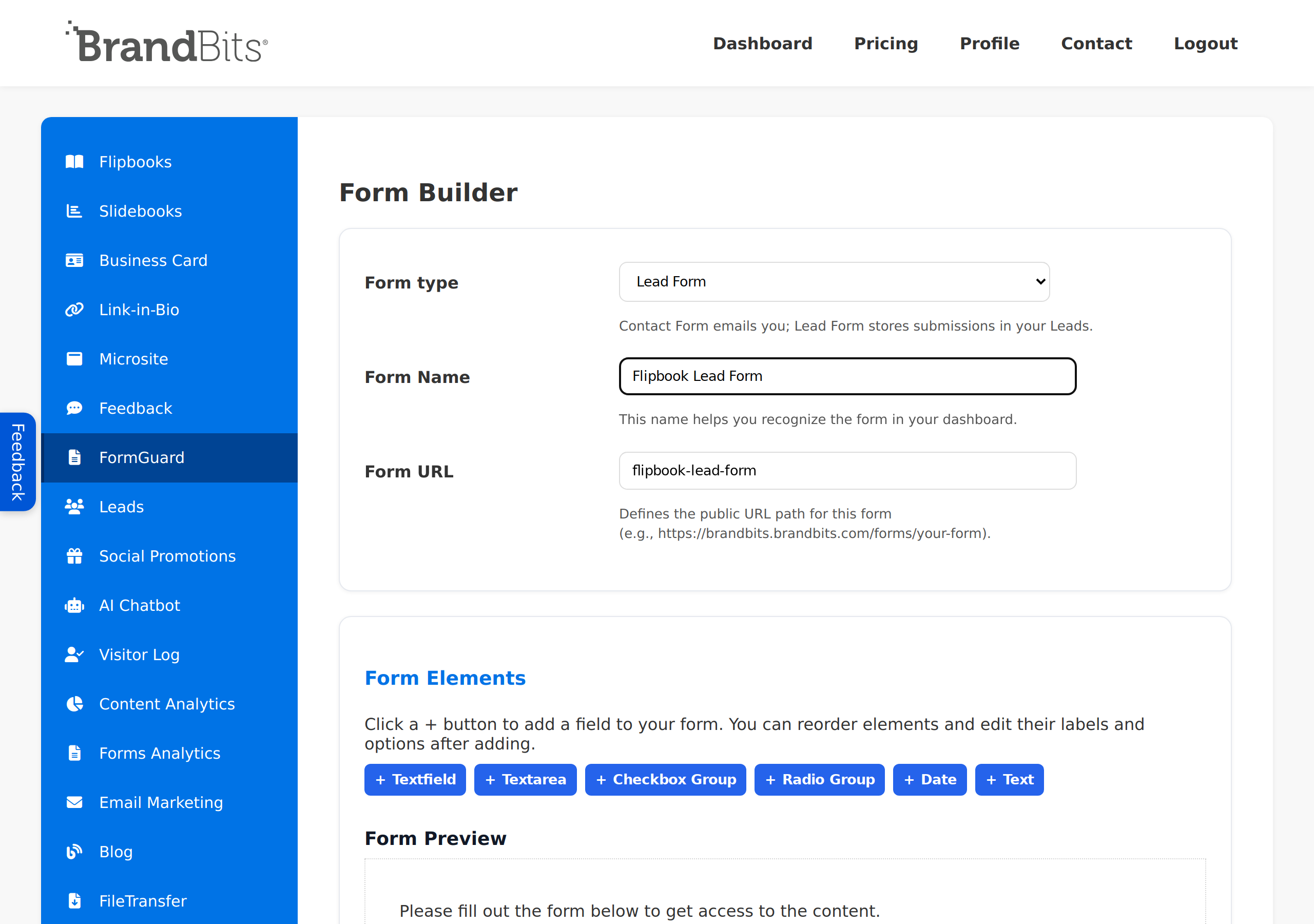 FormGuard form builder with Form type set to Lead Form