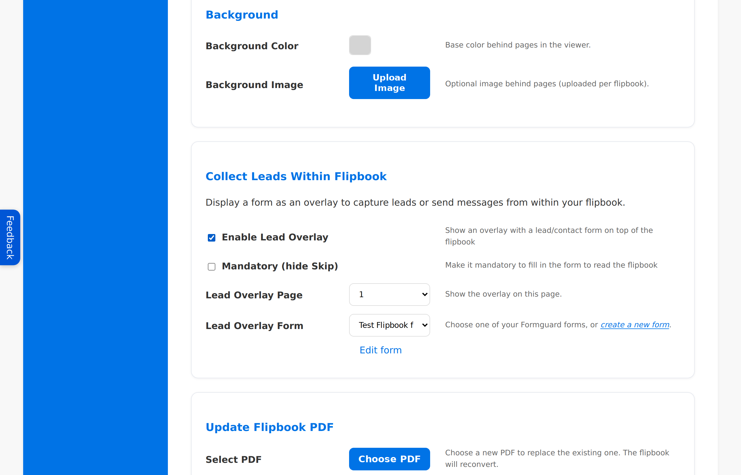 Collect Leads Within Flipbook settings with Enable Lead Overlay and Mandatory hide Skip options