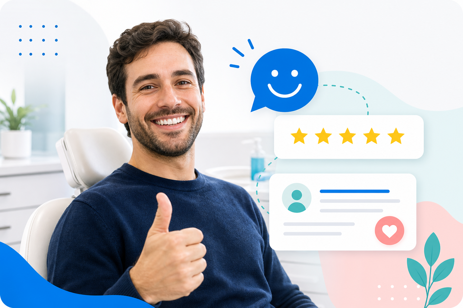 Happy client giving a five-star review after a treatment
