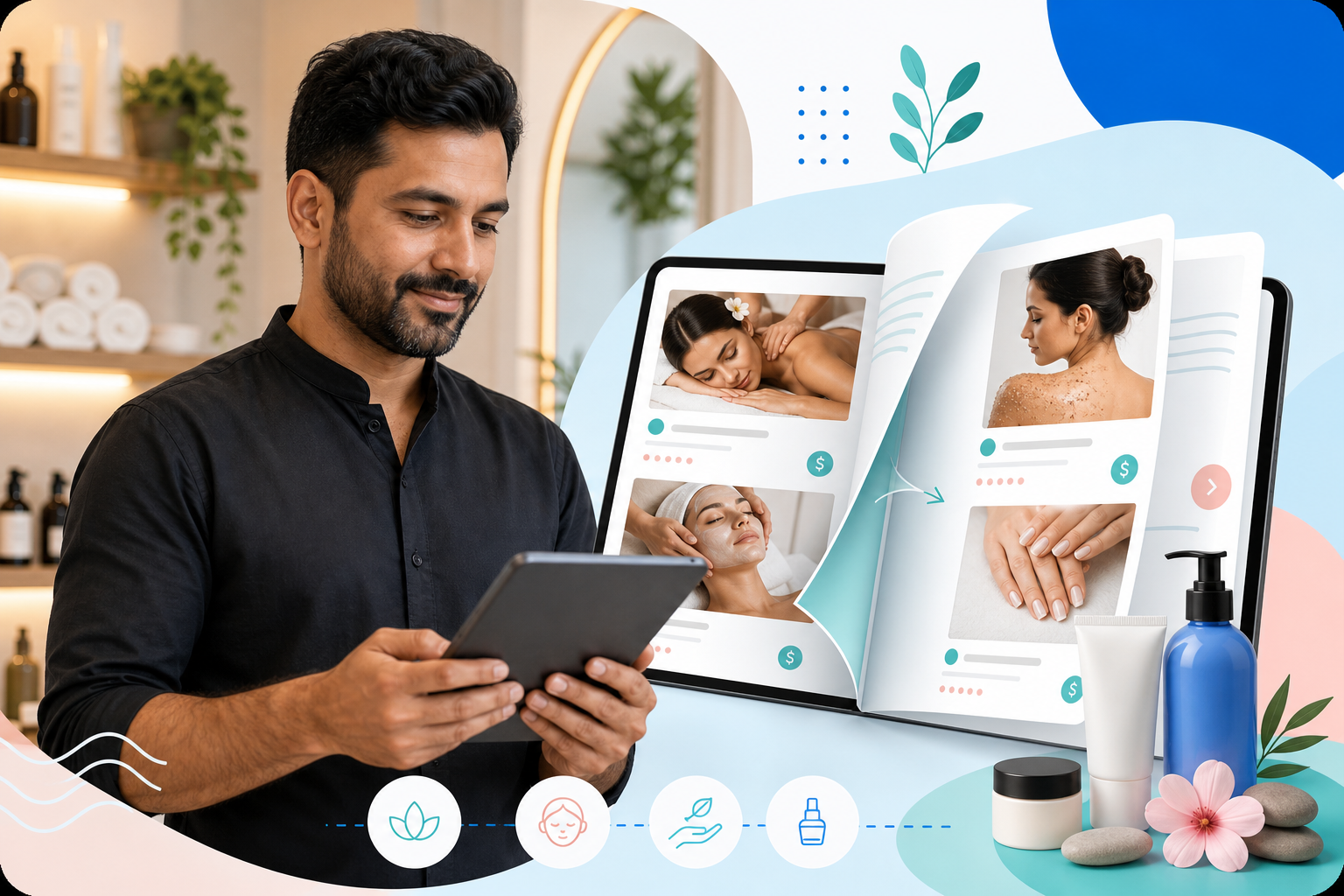 Spa owner viewing a digital treatment menu on a tablet