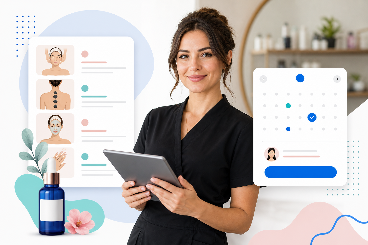 Beauty professional holding a tablet beside a treatment menu and booking calendar
