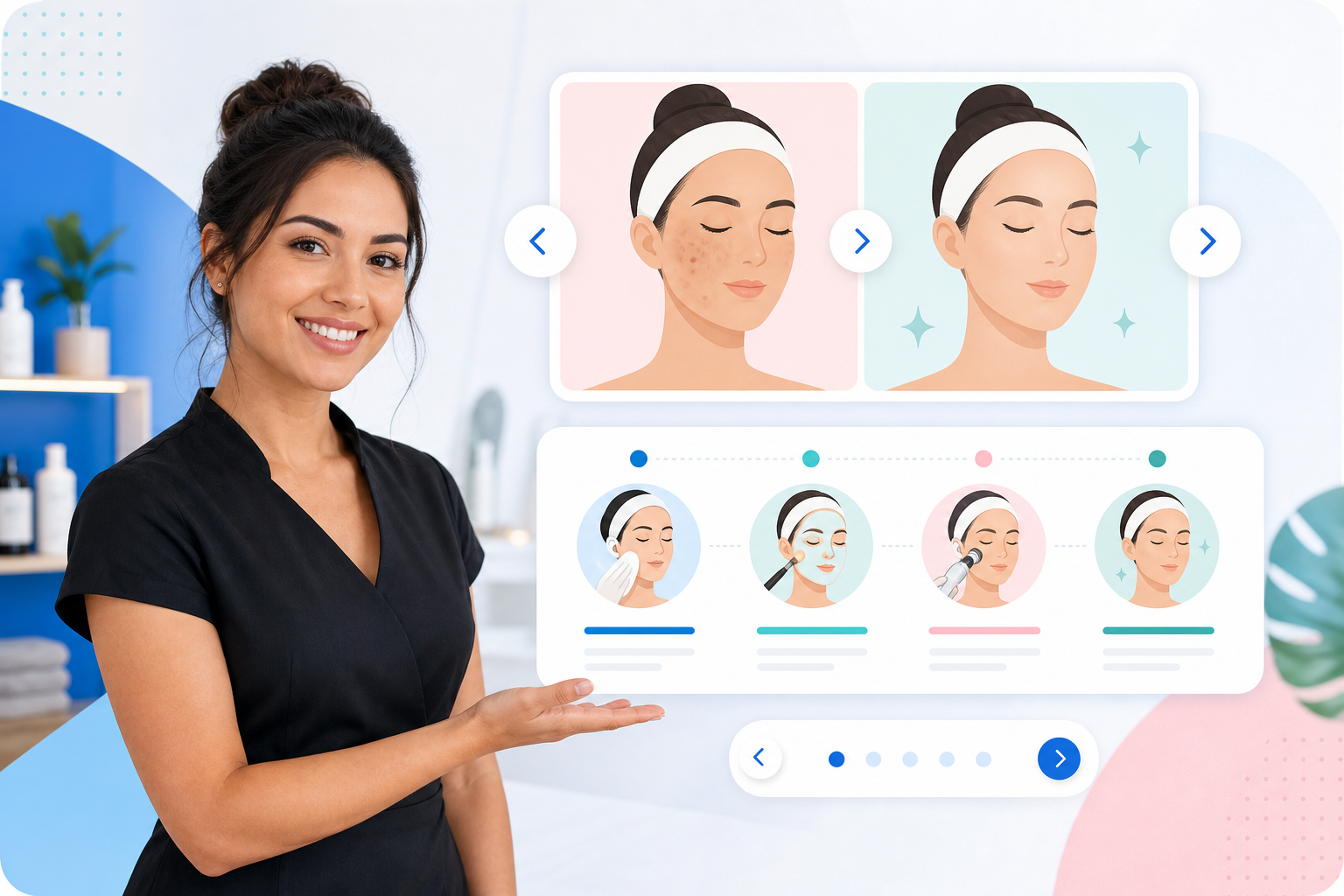 Beauty professional presenting a before-and-after treatment walkthrough