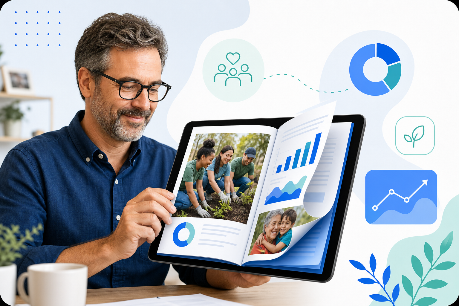 Non-profit director viewing a digital impact report on a tablet