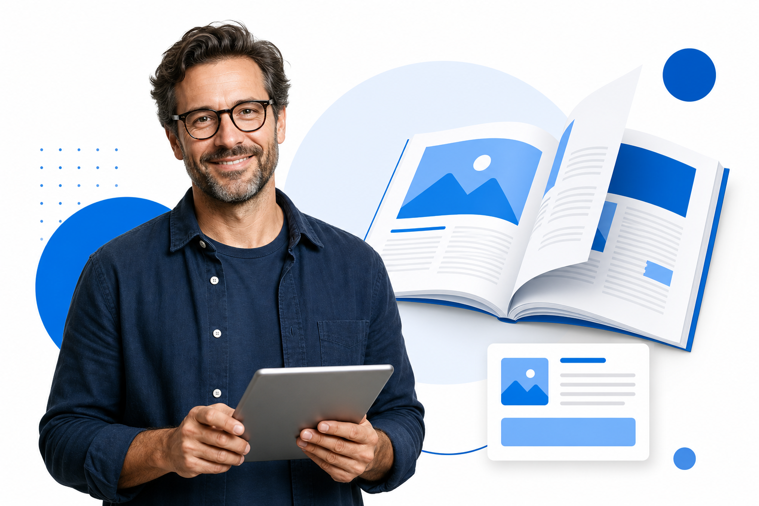Publisher holding a tablet next to an open digital magazine