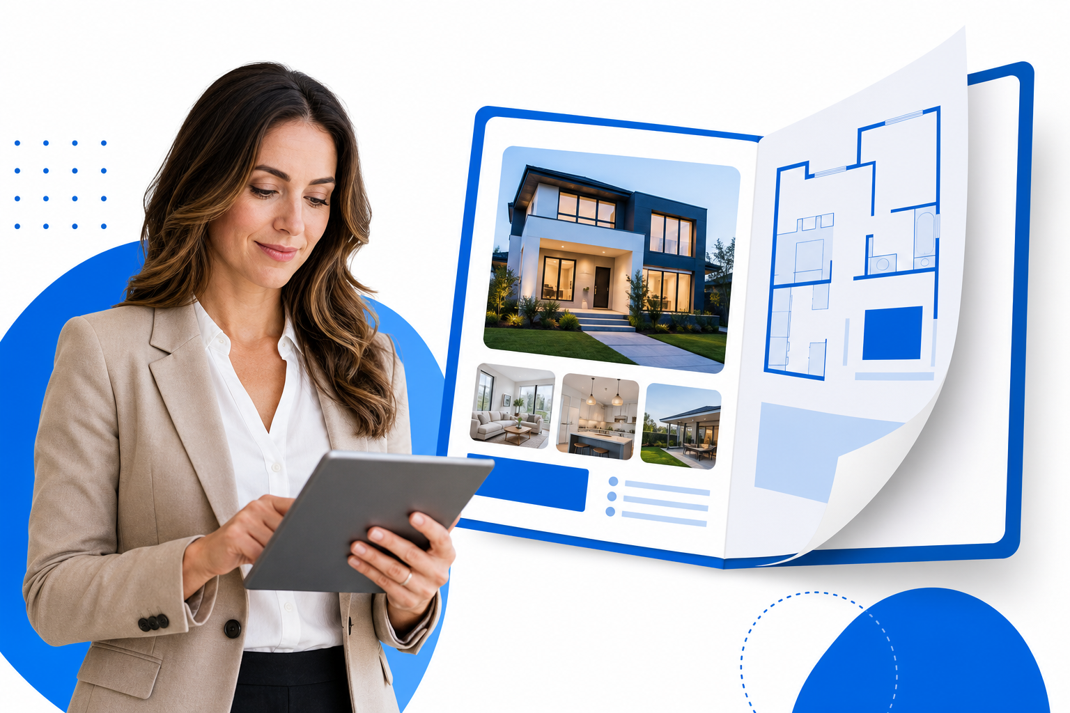 Real estate agent reviewing a digital property brochure on a tablet