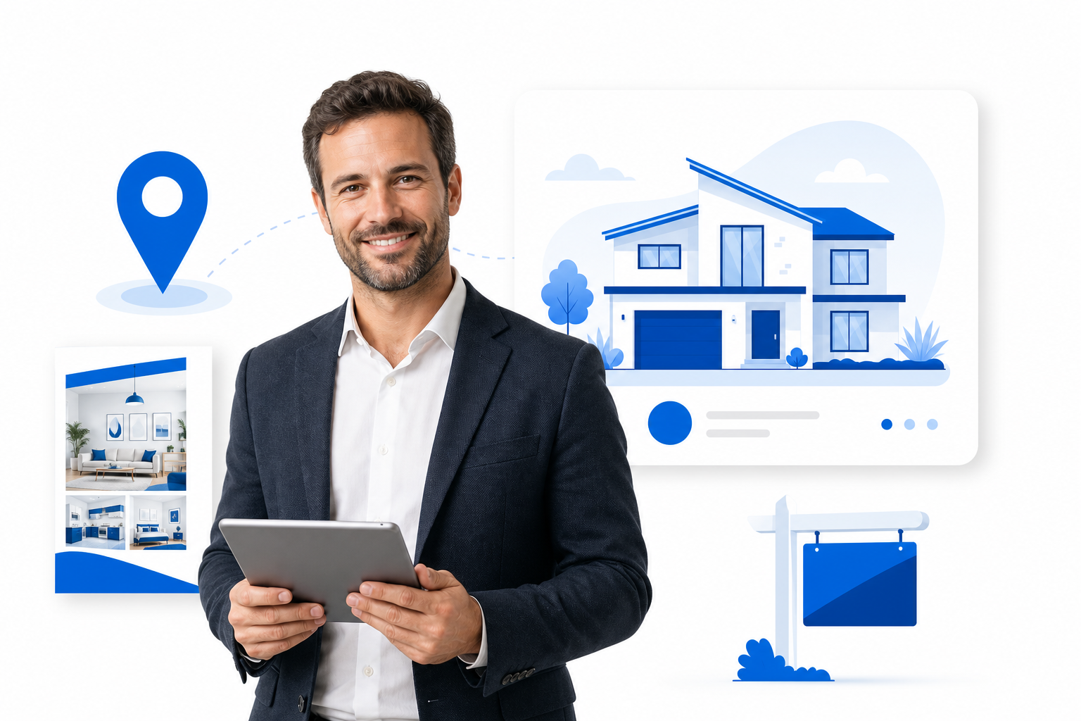 Real estate agent holding a tablet beside a property listing and for-sale sign