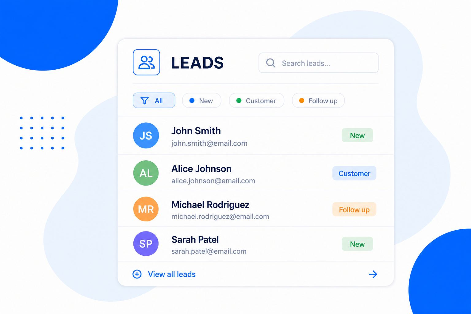A unified Leads inbox with a search bar, source filters and a list of contacts with status tags