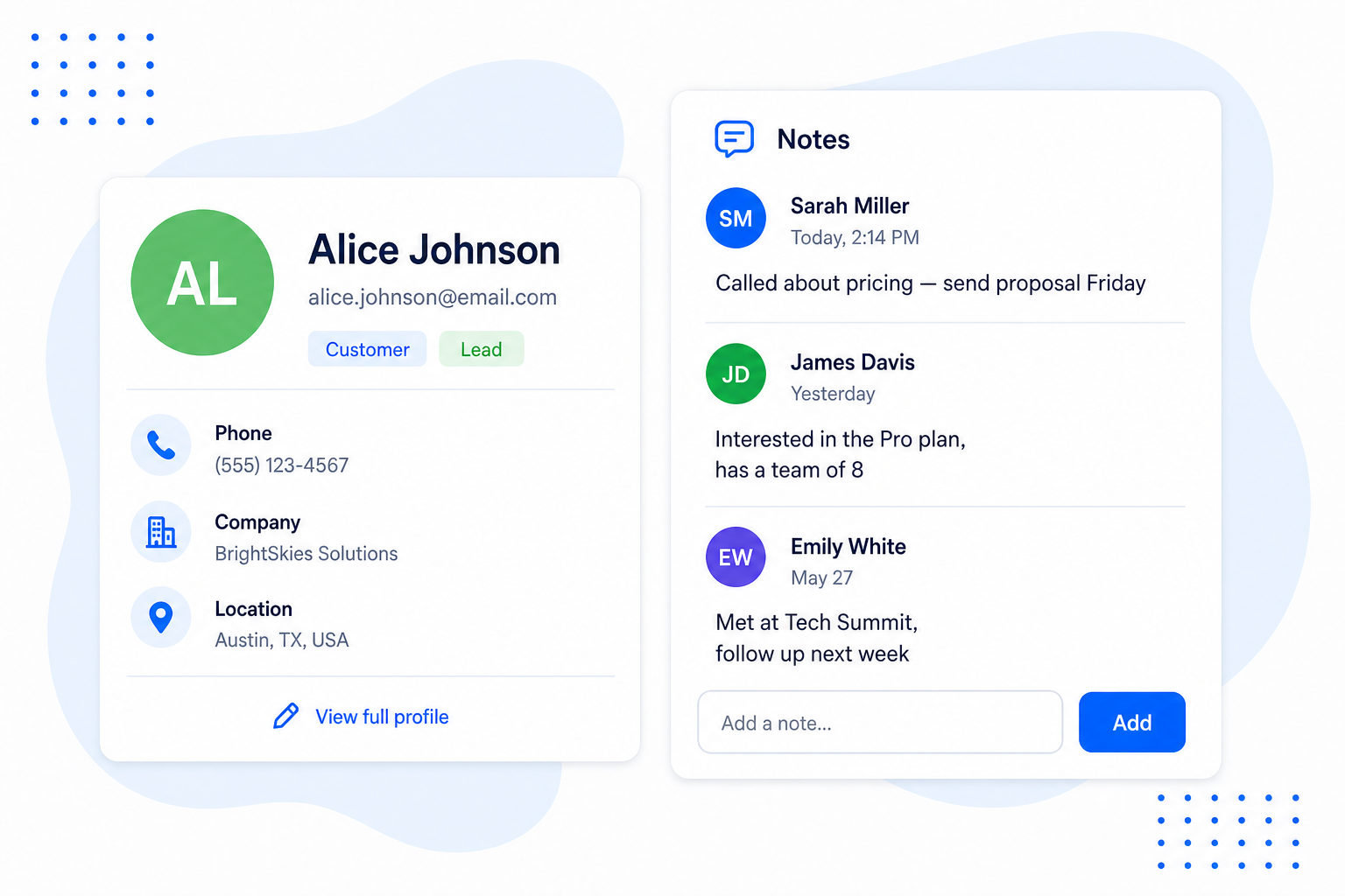 A contact profile beside a Notes panel showing dated notes from different team members - a pricing call summary, a note about the Pro plan and a follow-up reminder - with an 'Add a note' box