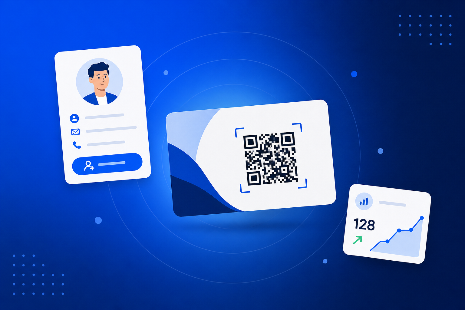 QR Code for Business Cards shown on a phone with a QR code and scan analytics