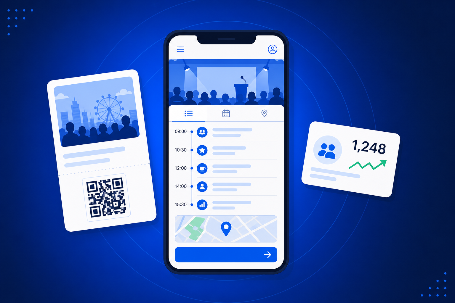 QR Code for Events shown on a phone with a QR code and scan analytics