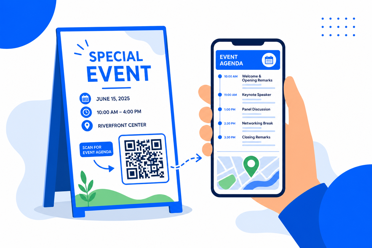 A Events QR code being scanned with a phone