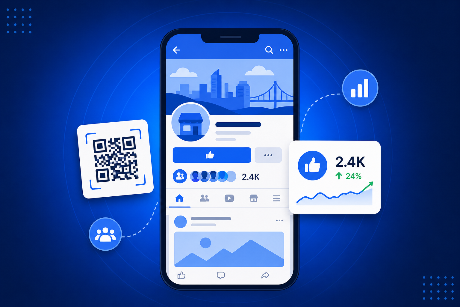 QR Code for Facebook shown on a phone with a QR code and scan analytics