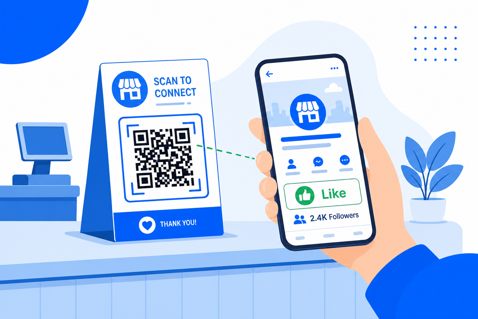 A Facebook QR code being scanned with a phone