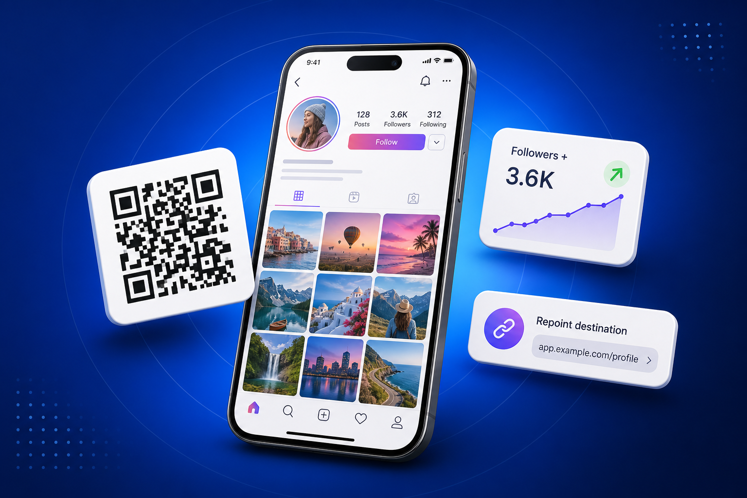 QR Code for Instagram shown on a phone with a QR code and scan analytics