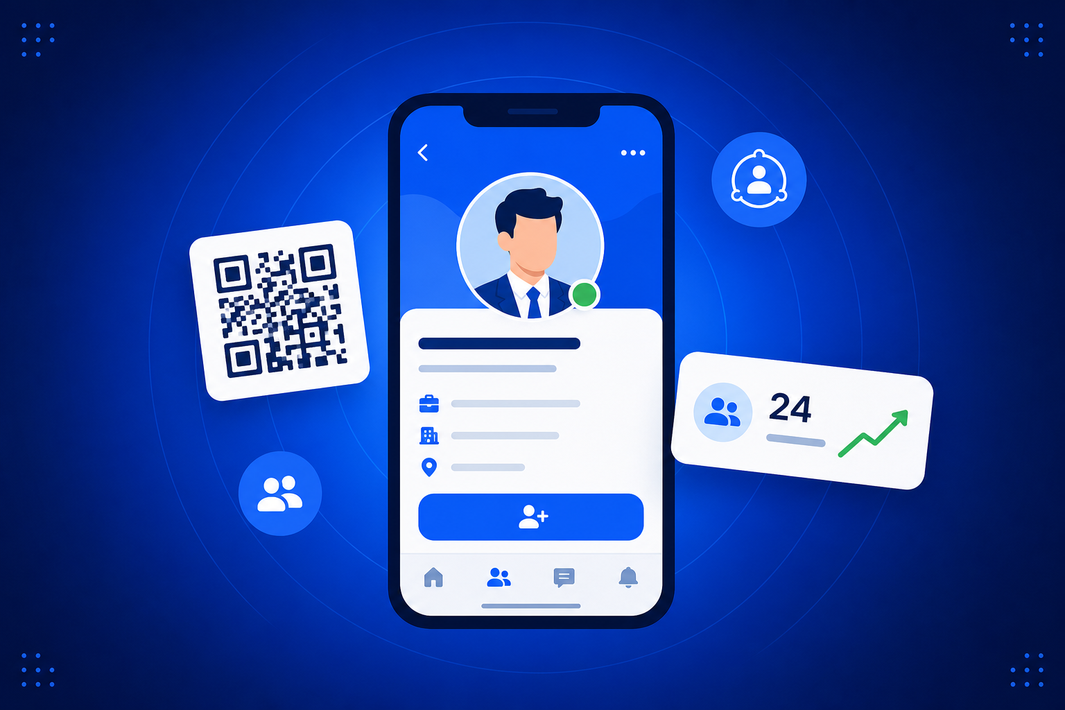 QR Code for LinkedIn shown on a phone with a QR code and scan analytics