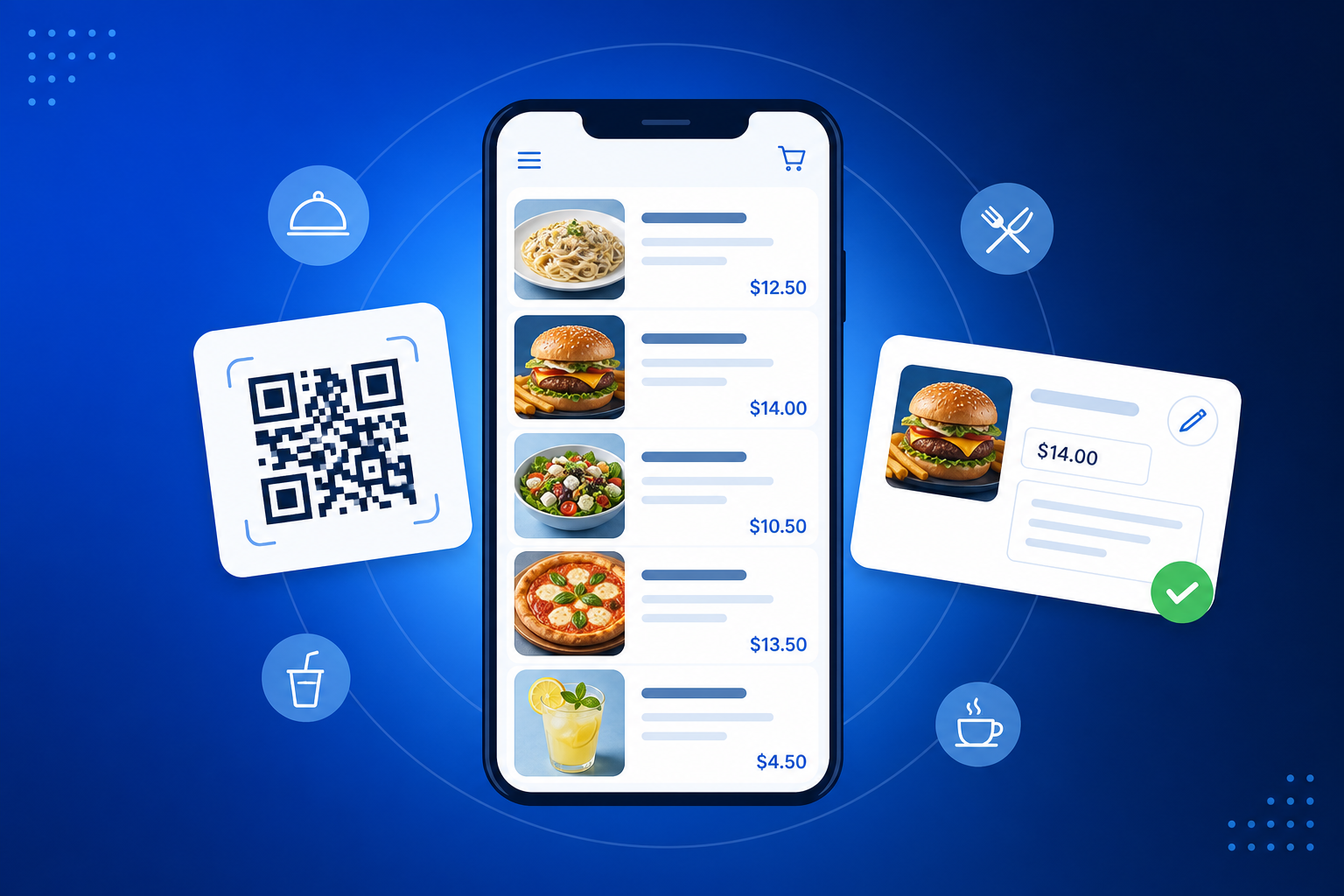 QR Code for Menus shown on a phone with a QR code and scan analytics