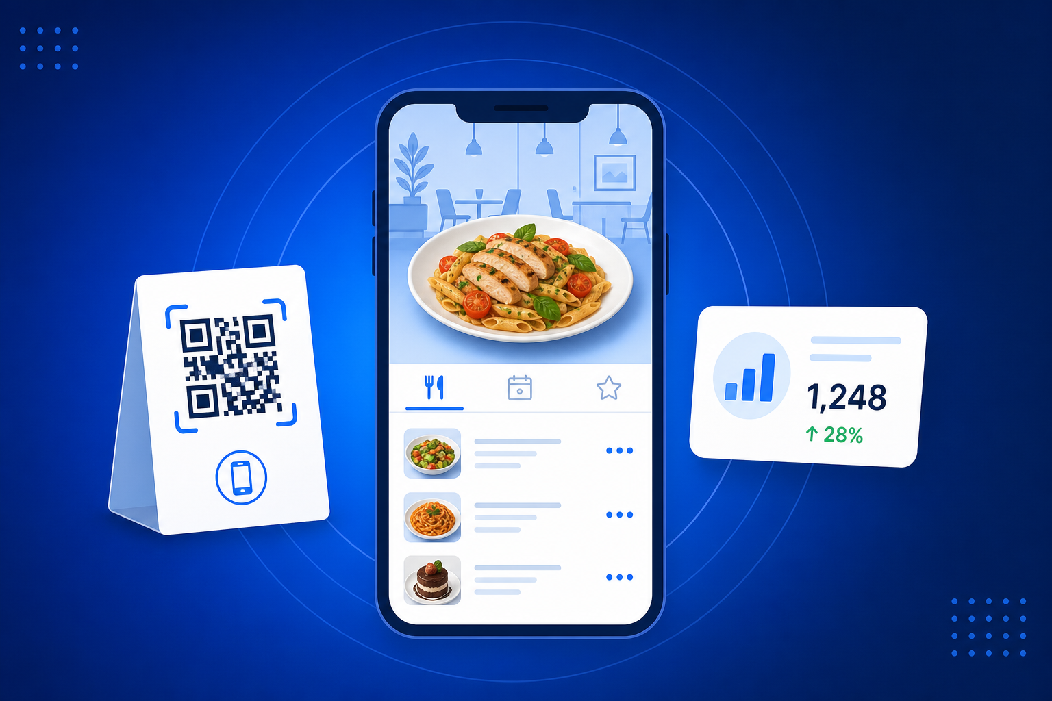 QR Code for Restaurants shown on a phone with a QR code and scan analytics