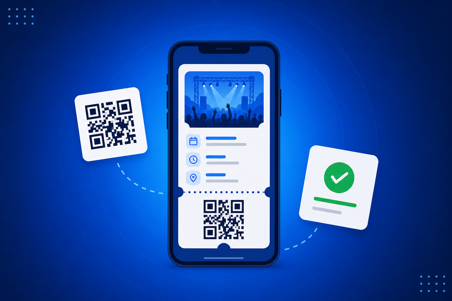 QR Code for Tickets shown on a phone with a QR code and scan analytics