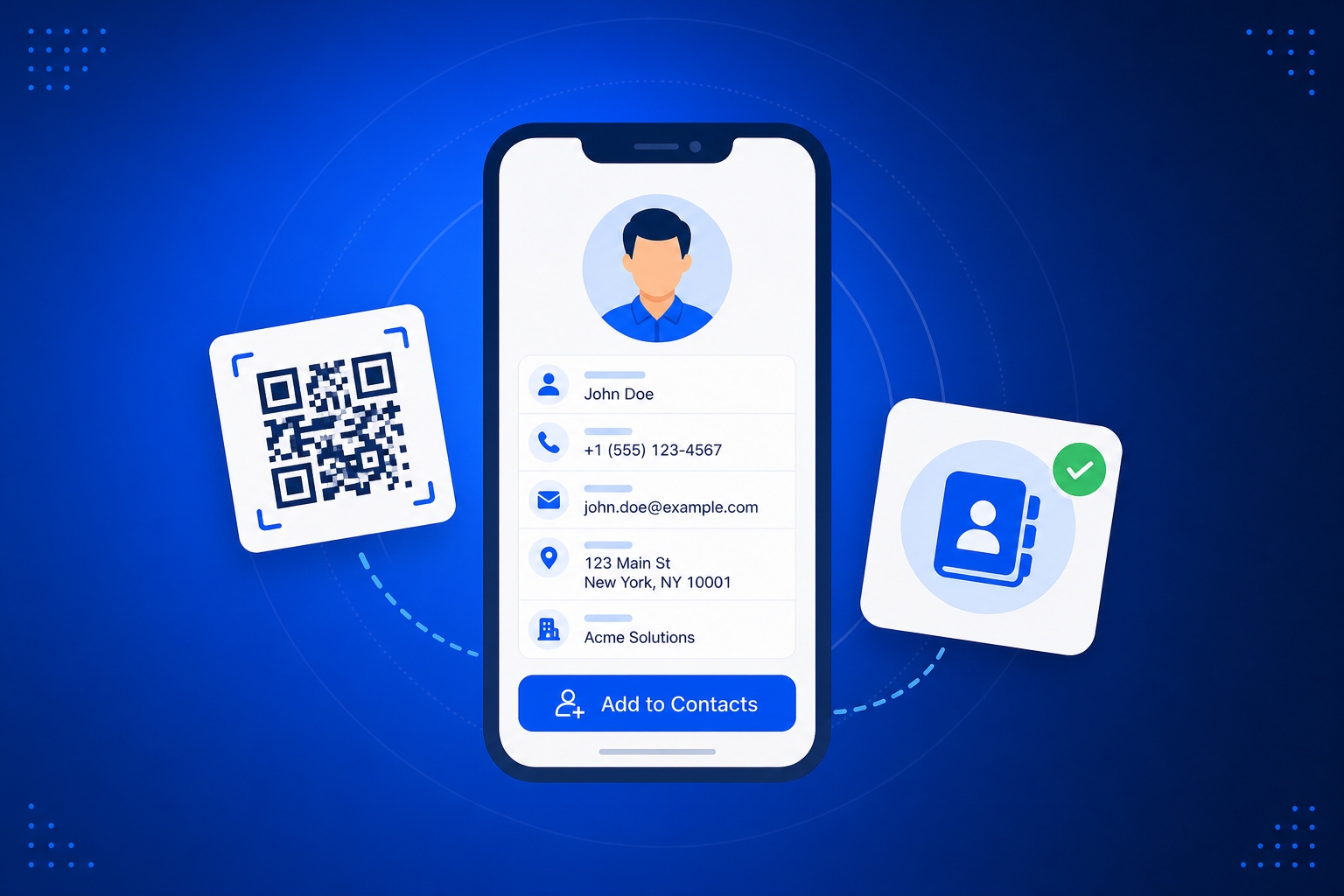 QR Code for vCard shown on a phone with a QR code and scan analytics