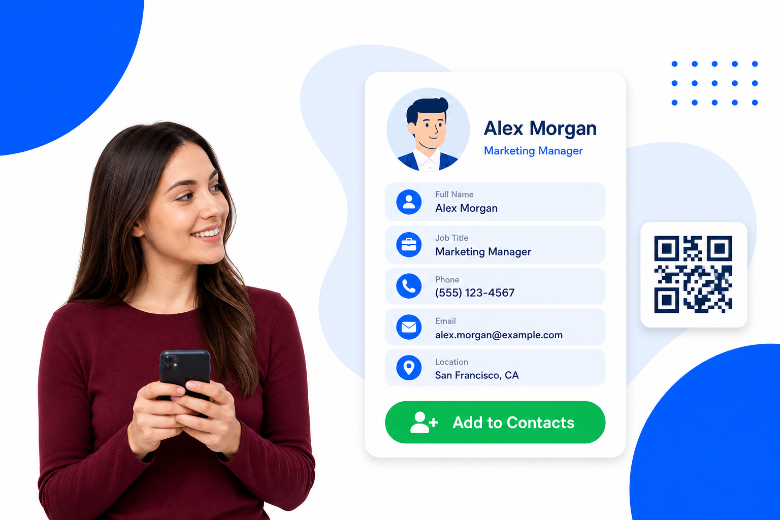 A vCard & Contact QR code being scanned with a phone