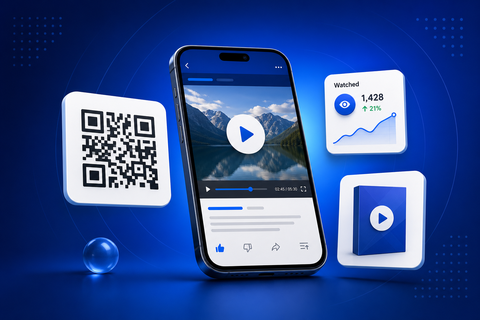 QR Code for Video shown on a phone with a QR code and scan analytics