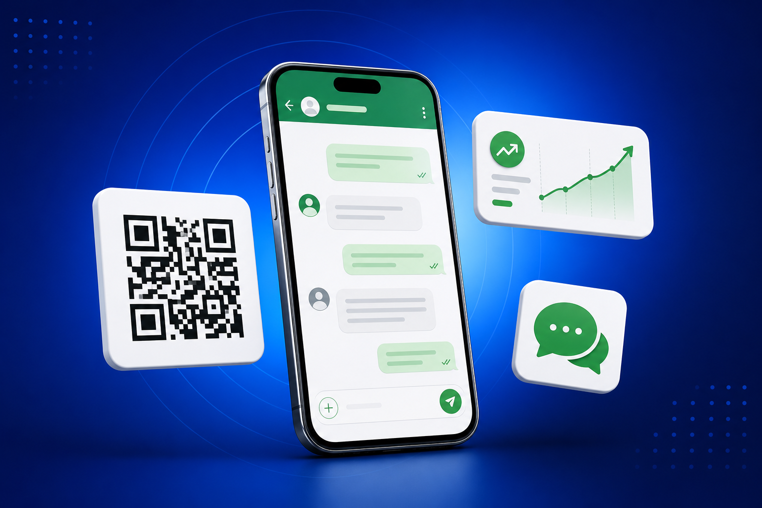 QR Code for WhatsApp shown on a phone with a QR code and scan analytics