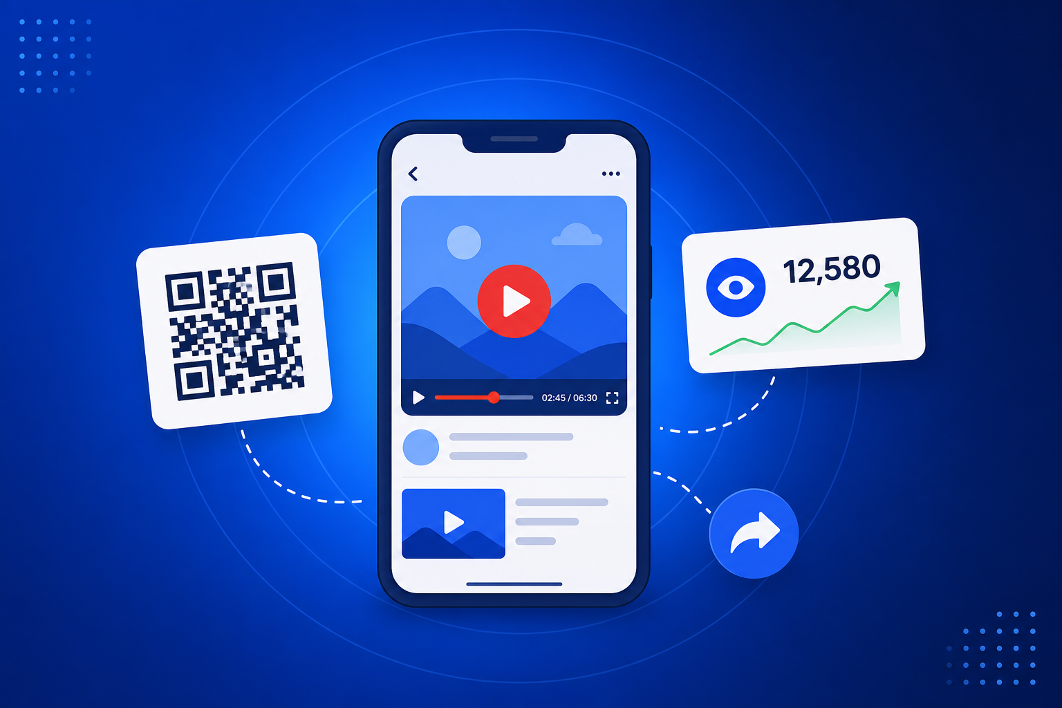 QR Code for YouTube shown on a phone with a QR code and scan analytics
